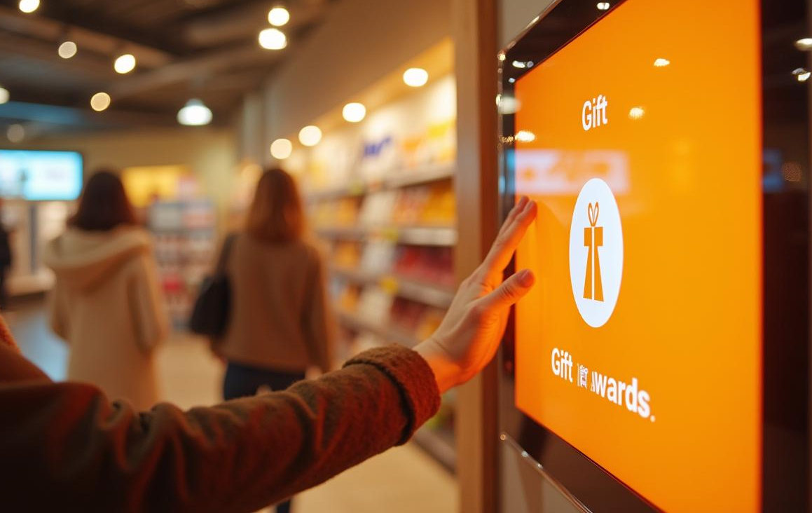 A woman engages with an interactive touch screen inside a retail store.