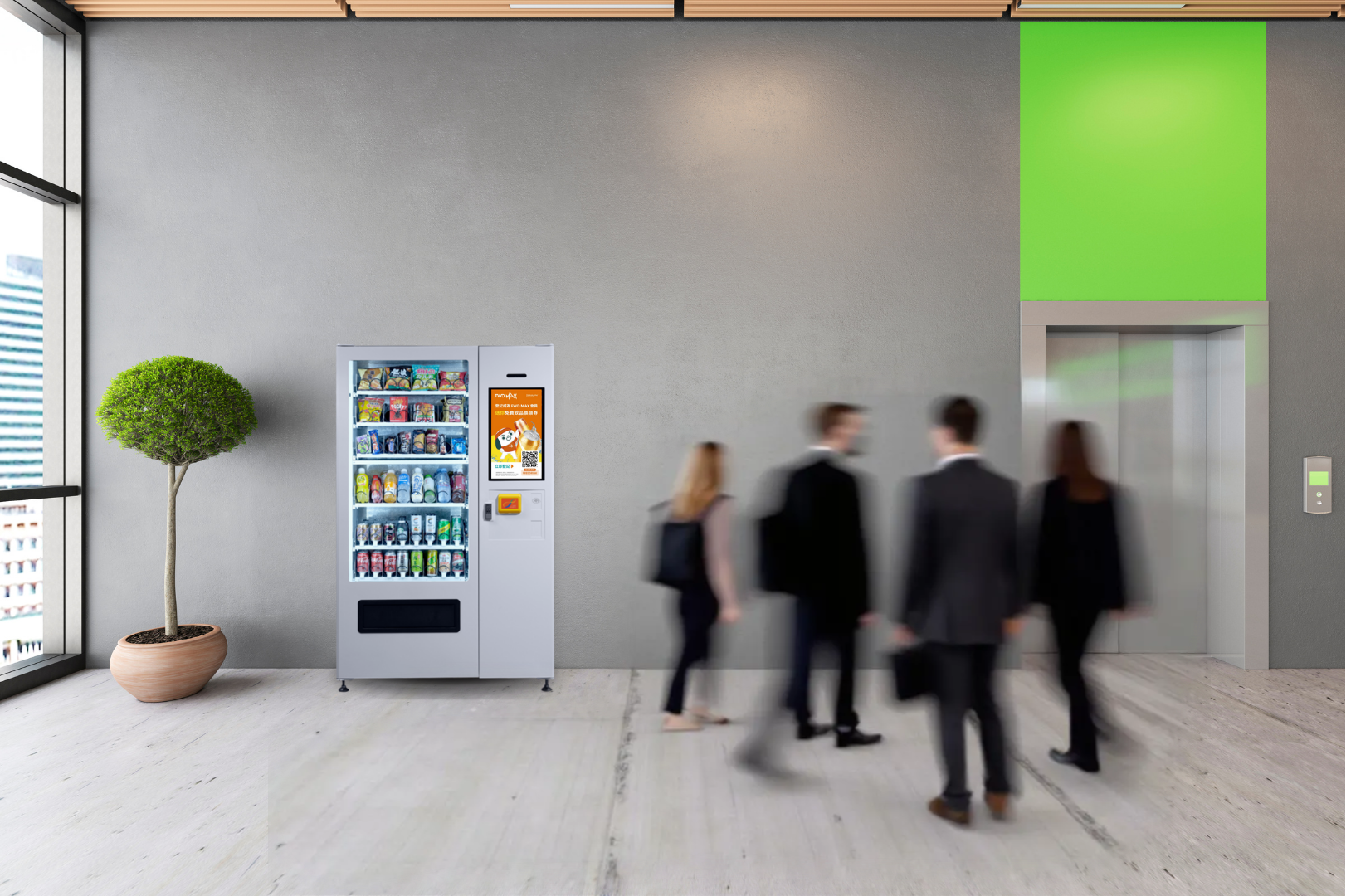 A group of people walking by a vending machine in a public space, engaged in conversation.
